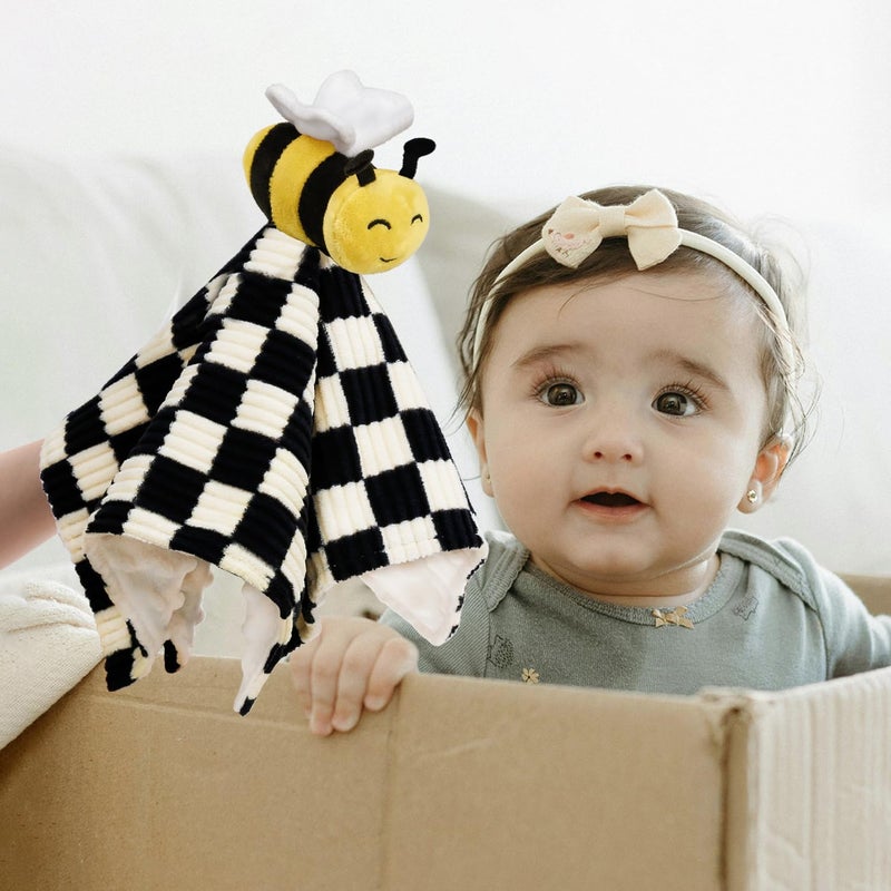 BEILIMU Baby Lovey Blanket for Boys Girls Super Soft Checkerboard Gingham with Minky Dot Fabric Backing Bee Stuffed Animal Lovely Snuggle Toy Black 14 Inch - Image 4